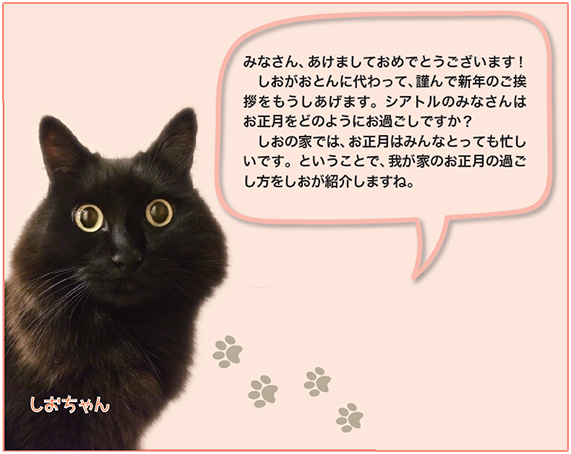 みなさん、あけましておめでとうございます! しおがおとんに代わって、謹んで新年のご挨 拶をもうしあげます。シアトルのみなさんは お正月をどのようにお過ごしですか? しおの家では、お正月はみんなとっても忙し いです。ということで、我が家のお正月の過ご し方をしおが紹介しますね。